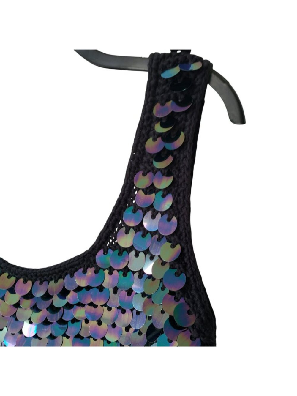 JoosTricot $695 Black Oil Slick Sequin Crochet Mini Rave Dress Retro Y2K Mermaid - Picture 8 of 11